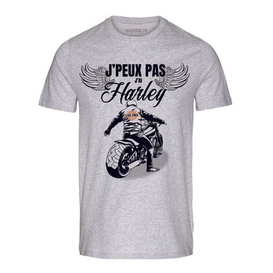 T-Shirt Humour Biker | J'peux pas j'ai Harley | manches courtes | 100% coton, gris chiné, épais | idée cadeau motard