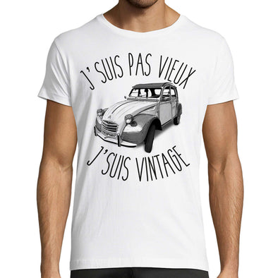 T-Shirt Blanc Homme manches courtes | voiture 2 cv, J'suis Pas Vieux j'suis Vintage | idée cadeau Papi