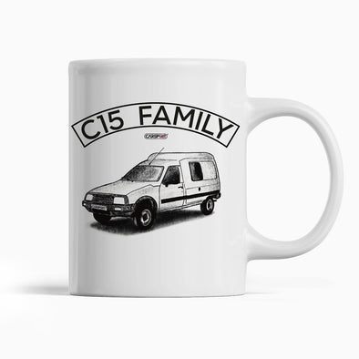 Mug Humour C15 Family | en Céramique, Blanc Brillant | imprimé des 2 côtés | idée cadeau fan voiture Citroën