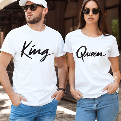 T-Shirts couple (x2) King Queen - signature - 100% coton, coupe ajustée, idée cadeau saint valentin