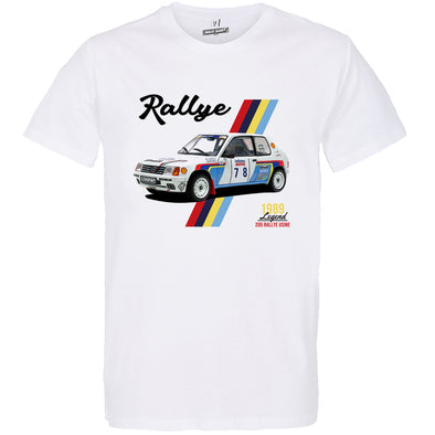 T-Shirt blanc auto homme 205 Rallye | 100% coton, coupe régulière | idée cadeau fan voiture