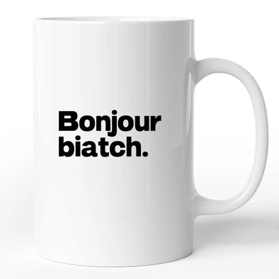 Mug drôle Bonjour Biatch | idée cadeau humoristique | tasse céramique blanc brillant, marqué des 2 côtés Maxi Shirt