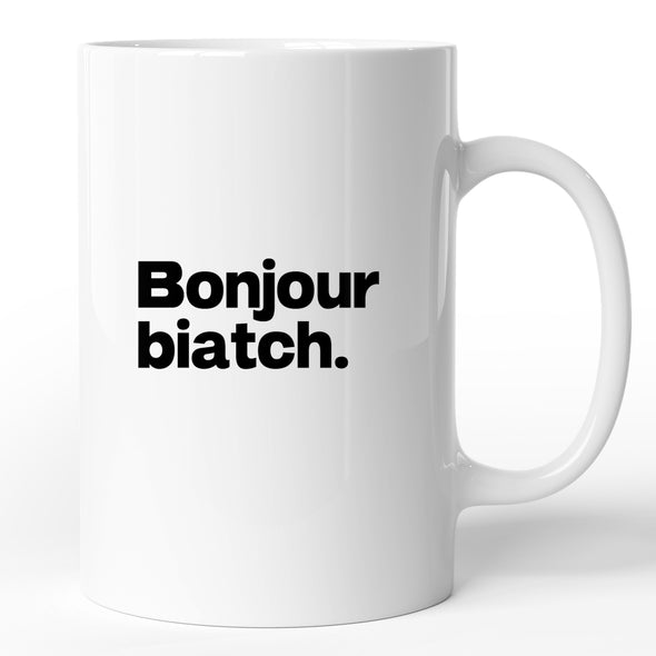 Mug drôle Bonjour Biatch | idée cadeau humoristique | tasse céramique blanc brillant, marqué des 2 côtés
