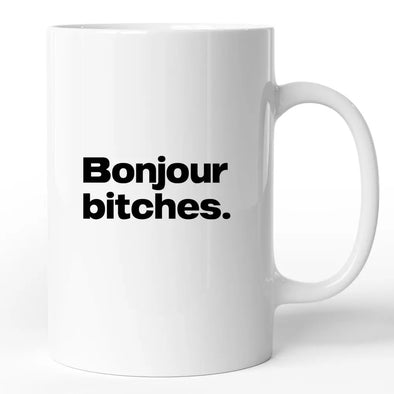 Mug drôle Bonjour bitches | idée cadeau humoristique | tasse céramique blanc brillant, marqué des 2 côtés Maxi Shirt