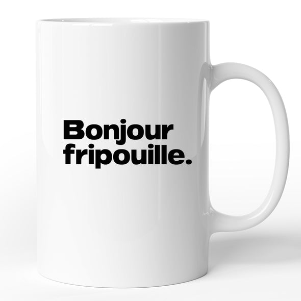 Mug drôle Bonjour fripouille | idée cadeau humoristique | tasse céramique blanc brillant, marqué des 2 côtés