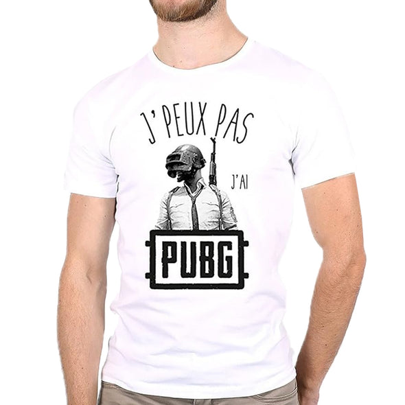 T-Shirt Blanc manches courtes humour Gamer | j'peux pas j'ai PUBG | 100% coton | idée cadeau geek