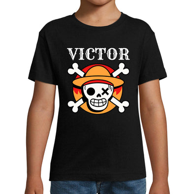 T-Shirt Noir Enfant personnalisé avec prénom | Lufy friend One Piece style | manches courtes, 100% coton