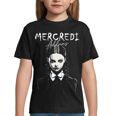 T-Shirt noir Enfant Mercredi Addams | tissu épais, 100% coton | idée cadeau halloween fille ou garçon