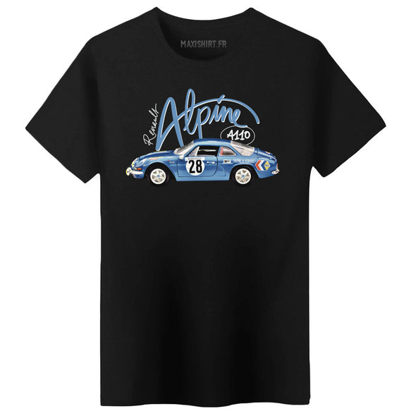 T-Shirt Noir Alpine A110 rallye Bleue - Coupe régulière 100% coton - idée cadeau passionné automobile