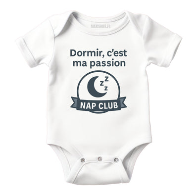 Body bébé humour 'Sieste Club', Vêtement Blanc nouveau né 100% coton MAXI SHIRT