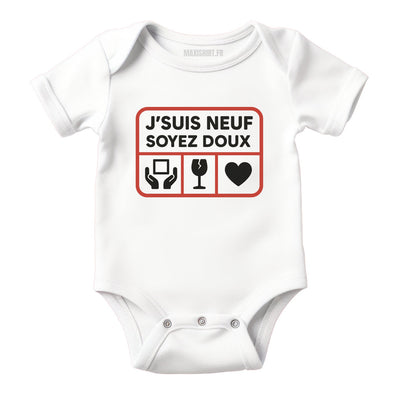 Body bébé humour 'Je suis neuf soyez doux', Vêtement Blanc nouveau né 100% coton MAXI SHIRT