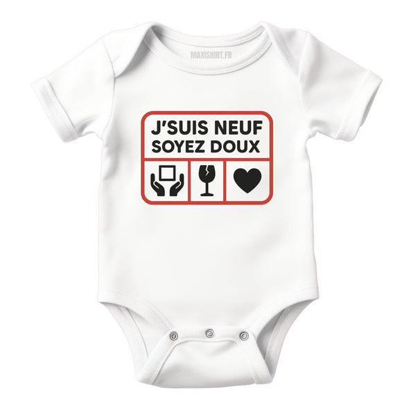 Body bébé humour 'Je suis neuf soyez doux', Vêtement Blanc nouveau né 100% coton MAXI SHIRT