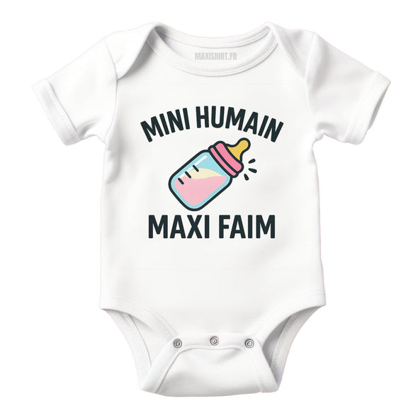 Body bébé humour 'Mini Humain, Maxi Faim', Vêtement Blanc nouveau né 100% coton MAXI SHIRT