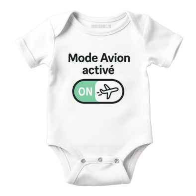 Body bébé humour 'Mode Avion activé', Vêtement Blanc nouveau né 100% coton MAXI SHIRT