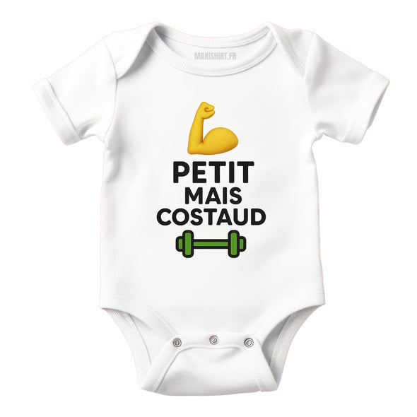 Body bébé humour 'Petit mais Costaud', Vêtement Blanc nouveau né 100% coton MAXI SHIRT