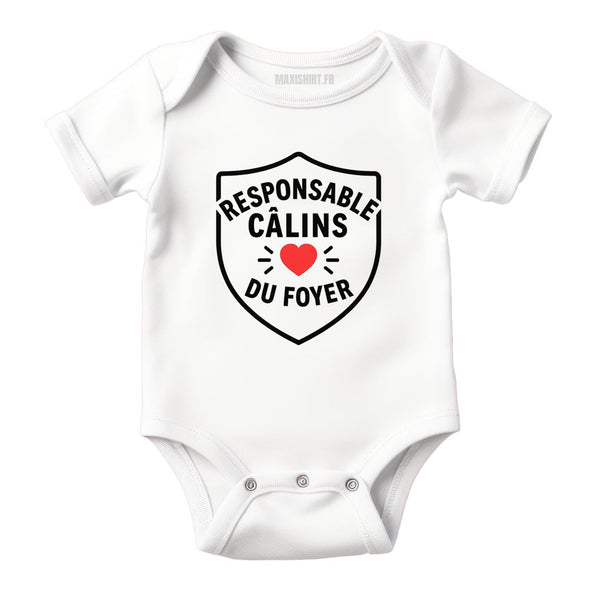 Body bébé humour 'Responsable Câlins', Vêtement Blanc nouveau né 100% coton MAXI SHIRT