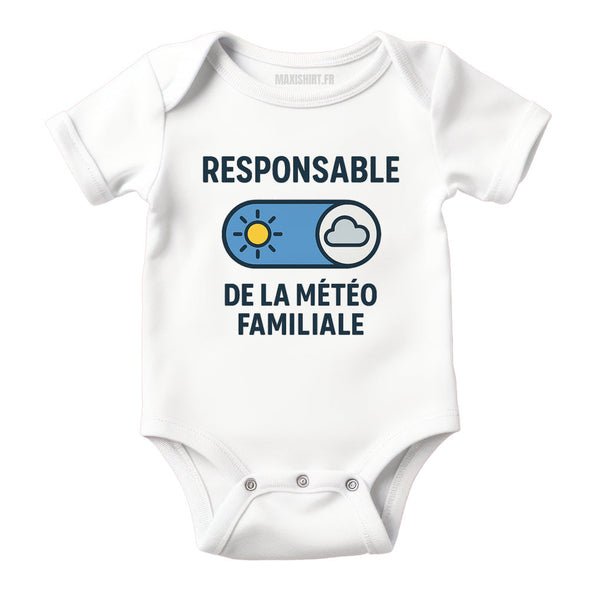 Body bébé humour 'Responsable météo', Vêtement Blanc nouveau né 100% coton MAXI SHIRT