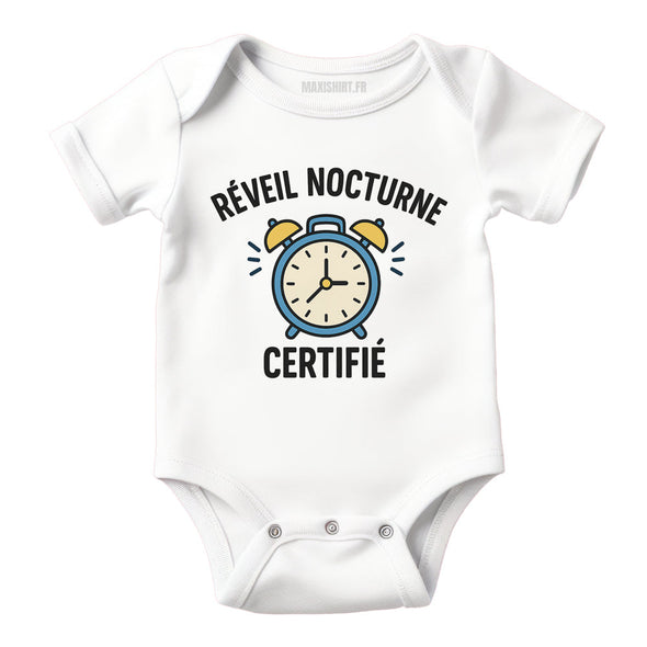 Body bébé humour 'Réveil nocturne certifié', Vêtement Blanc nouveau né 100% coton MAXI SHIRT