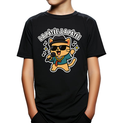 T-Shirt Amusant avec Chat Chanteur "La Patée", Noir, Coton, Design Kawaii avec Chat en Lunettes de Soleil et Chapeau MAXI SHIRT
