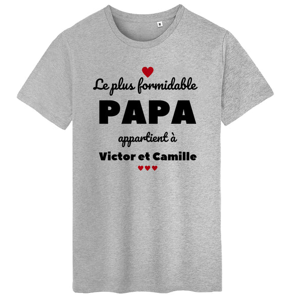 T-Shirt Papa le plus Formidable avec vos prénoms enfants | gris chiné |  manches courtes | 100% coton| idée cadeau fête des pères