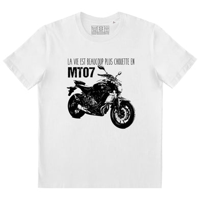 T-Shirt Blanc Homme | humour moto vie plus chouette en MT-07 | idée cadeau motard, manhes courtes 100% coton