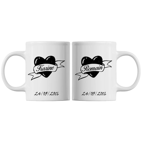 Mugs x2 personnalisés coeur prénom et date | idée cadeau couple saint valentin | tasse céramique | imprimé des 2 côtés