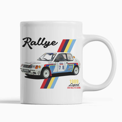 Mug 205 Rallye T16 | céramique, blanc brillant, imprimés des 2 côtés | idée cadeau voiture de course