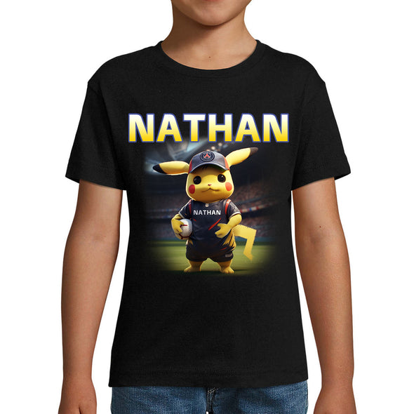 T-Shirt Enfant Personnalisé avec prénom Pikachu style Foot PSG | épais, 100% coton | idée cadeau anniversaire garçon