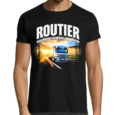 T-Shirt noir Homme manches courtes | Routier plus qu'un métier, une passion | 100% coton, coupe régulière maxishirt.fr