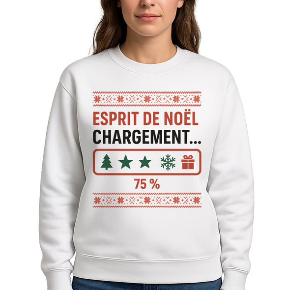 Sweat-Shirt de Noël Festif, Esprit de Noël Chargement 75%, Blanc, Motif Nordique MAXI SHIRT