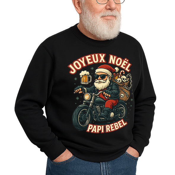Sweat-Shirt Joyeux Noël Papi Rebel, Motif Père Noël Motard, Noir, Design de Noël Humoristique MAXI SHIRT