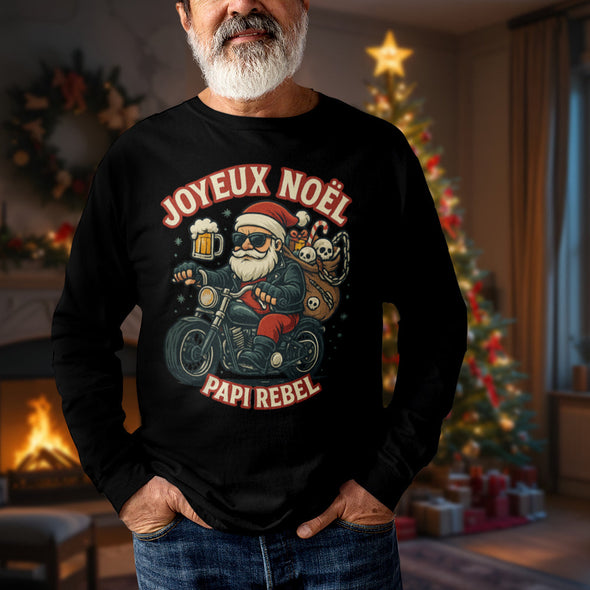 Sweat-Shirt Joyeux Noël Papi Rebel, Motif Père Noël Motard, Noir, Design de Noël Humoristique MAXI SHIRT