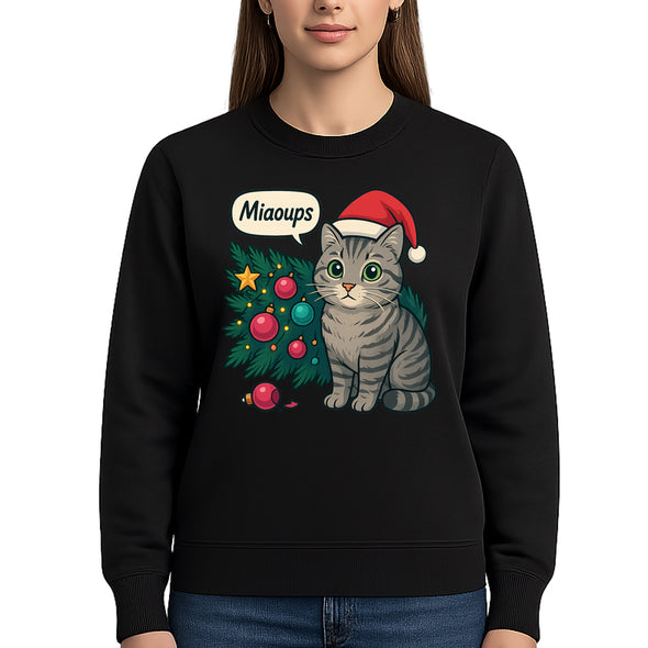 Sweat-shirt de Noël personnalisé Miaou Chat, Imprimé Chat avec Arbre de Noël, Noir, Unisexe