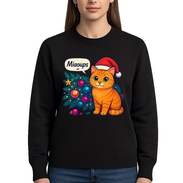 Sweat-shirt de Noël personnalisé Miaou Chat, Imprimé Chat avec Arbre de Noël, Noir, Unisexe MAXI SHIRT