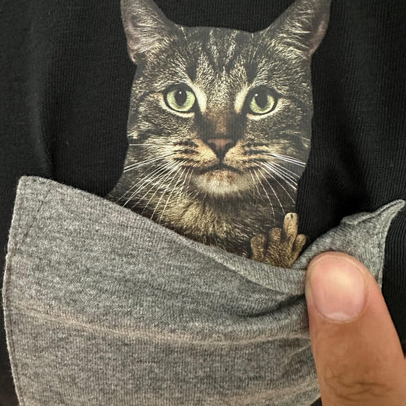 T-Shirt Homme premium Noir à Poche gris chiné | Humour Chat | 100% coton coupe régulière | Cat in the pocket