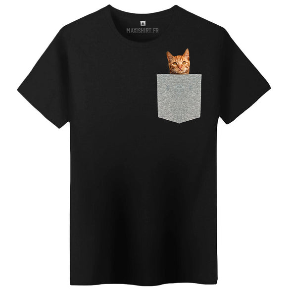 T-Shirt Homme premium Noir à Poche gris chiné | Humour Chat | 100% coton coupe régulière | Cat in the pocket