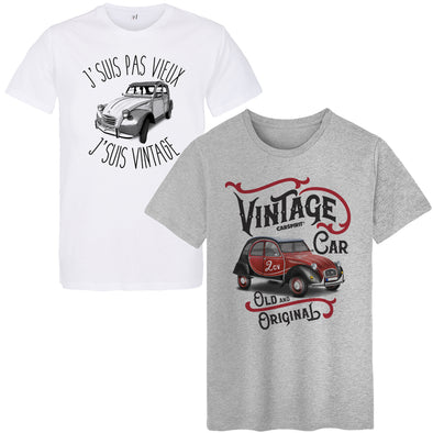 Lot de 2 t-shirts voiture 2 CV vintage | Gris chiné 100% coton Coupe régulière | idée cadeau passionné deudeuche
