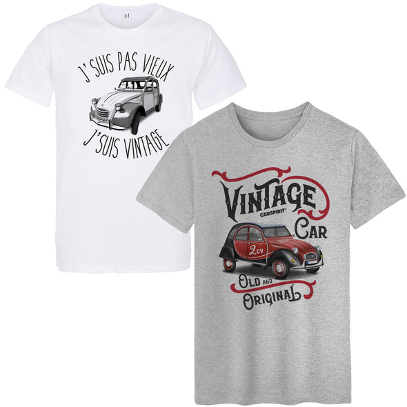 Lot de 2 t-shirts voiture 2 CV vintage | Gris chiné 100% coton Coupe régulière | idée cadeau passionné deudeuche