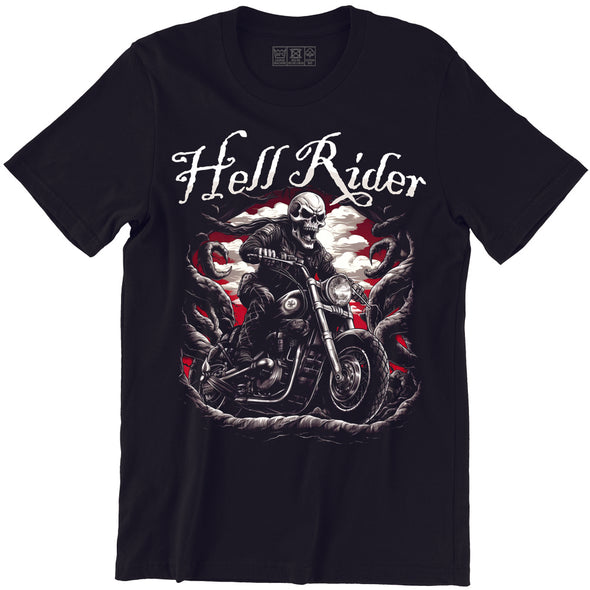 T-Shirt Noir Hell Rider | Skull Biker | 100% coton, coupe régulière | idée cadeau motard