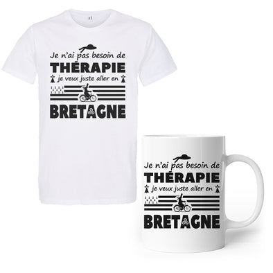 Lot T-Shirt + Mug humour Breton | pas besoin de Thérapie, BRETAGNE | imprimé en France | idée cadeau souvenir
