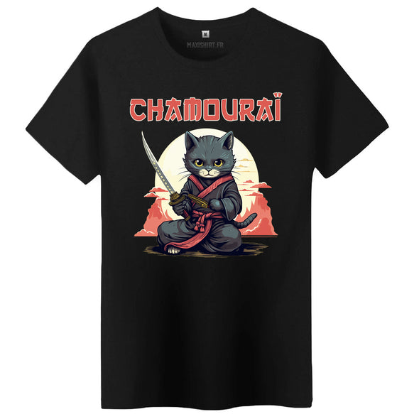 T-Shirt noir premium Chat Samouraï | 100% coton, coupe régulière | doux et confortable