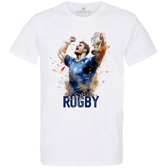 T-Shirt Blanc Esprit Rugby | aquarelle | 100% coton, coupe régulière | idée cadeau rugbyman