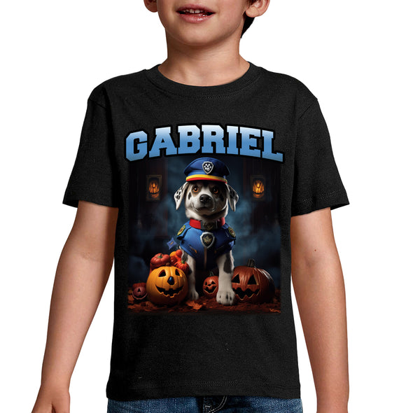 T-Shirt Enfant Halloween thème Pat Patrouille personnalisable avec prénom | tissu épais, 100% coton | idée cadeau anniversaire garçon