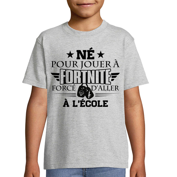 T-Shirt Enfant Geek Né pour jouer à Fortnite | tissu épais, 100% coton, gris chiné | idée cadeau anniversaire