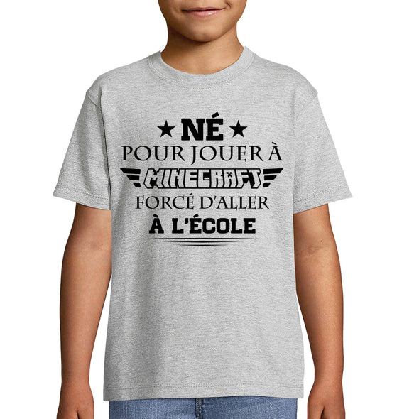T-Shirt Enfant Geek Né pour jouer à Minecraft | tissu épais, 100% coton, gris chiné | idée cadeau anniversaire