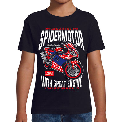 T-Shirt noir Enfant moto Spider Man | tissu épais, 100% coton | idée cadeau frère ou cousin