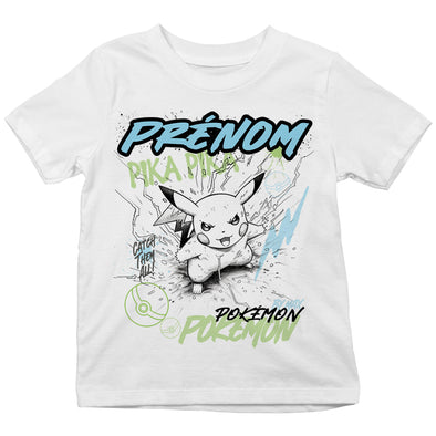 T-Shirt Blanc personnalisé prénom Enfant | pikachu | 100% coton manches courtes