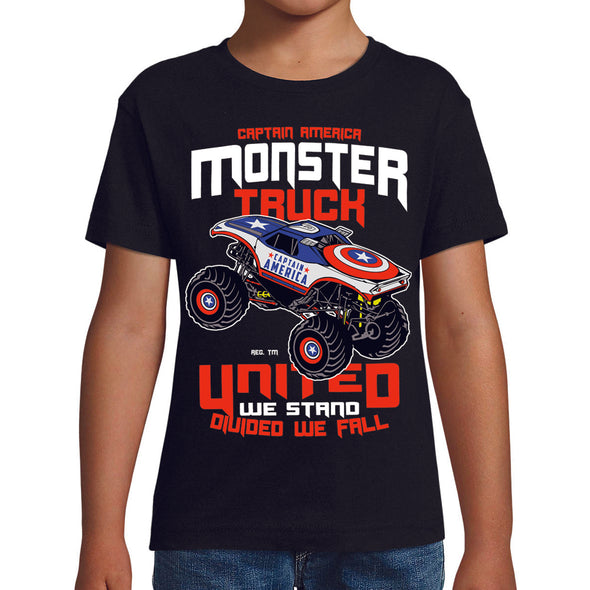 T-Shirt noir Enfant Monster Truck Captain America | tissu épais, 100% coton | idée cadeau frère ou cousin