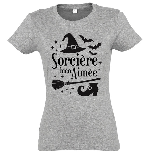 T-Shirt Halloween Sorcière bien aimée | gris chiné | Coupe Slim 100% coton MAXI SHIRT