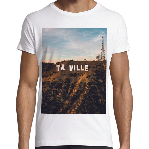 T-Shirt personnalisé Colline Hollywood avec le nom de Ta Ville ! Coupe homme ou femme | 100% coton coupe régulière | idée cadeau originale